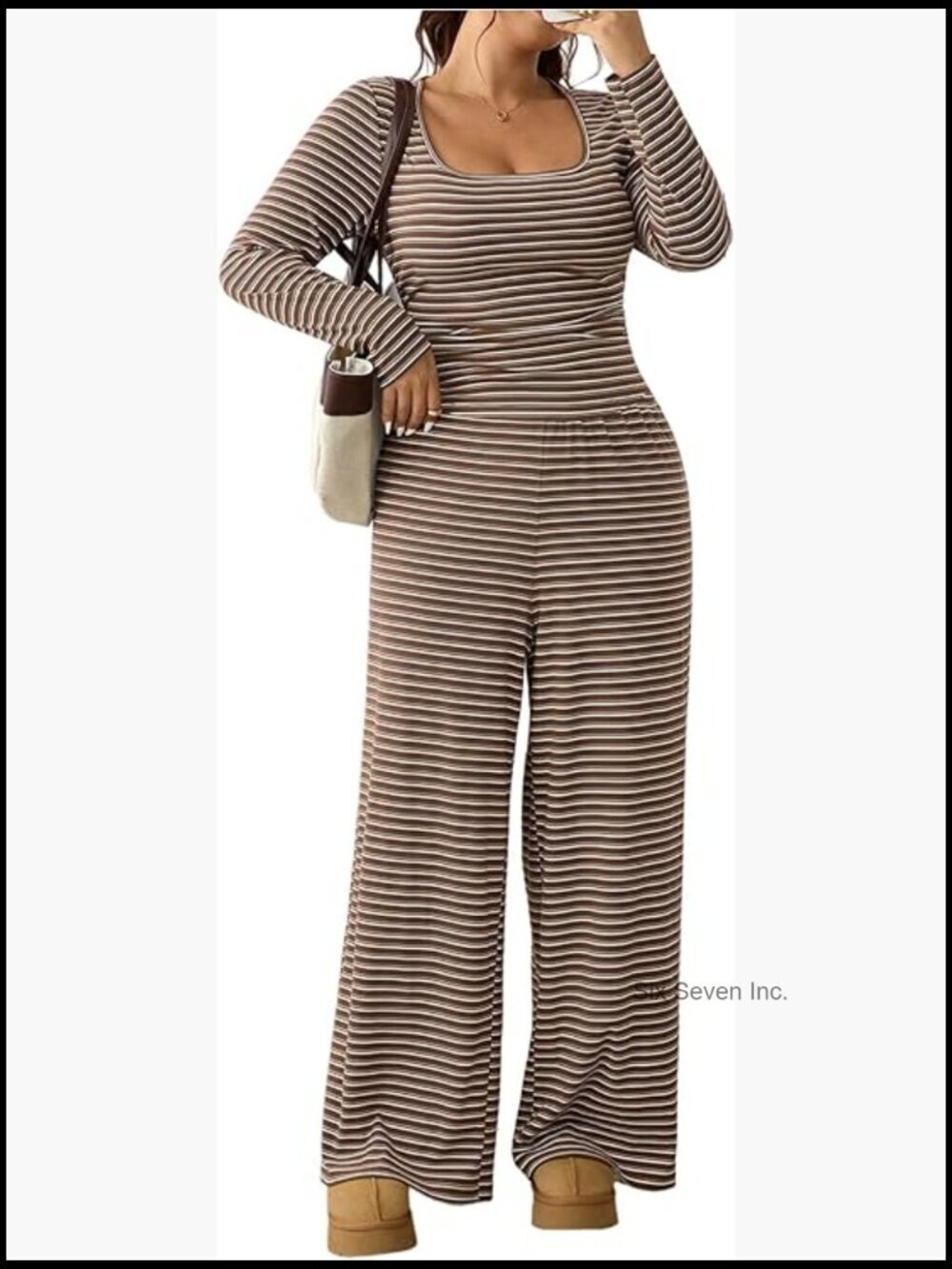 Plus Size Striped 2 Piece Lounge Set Scoop Neck Tee Wide Leg Pants Matching